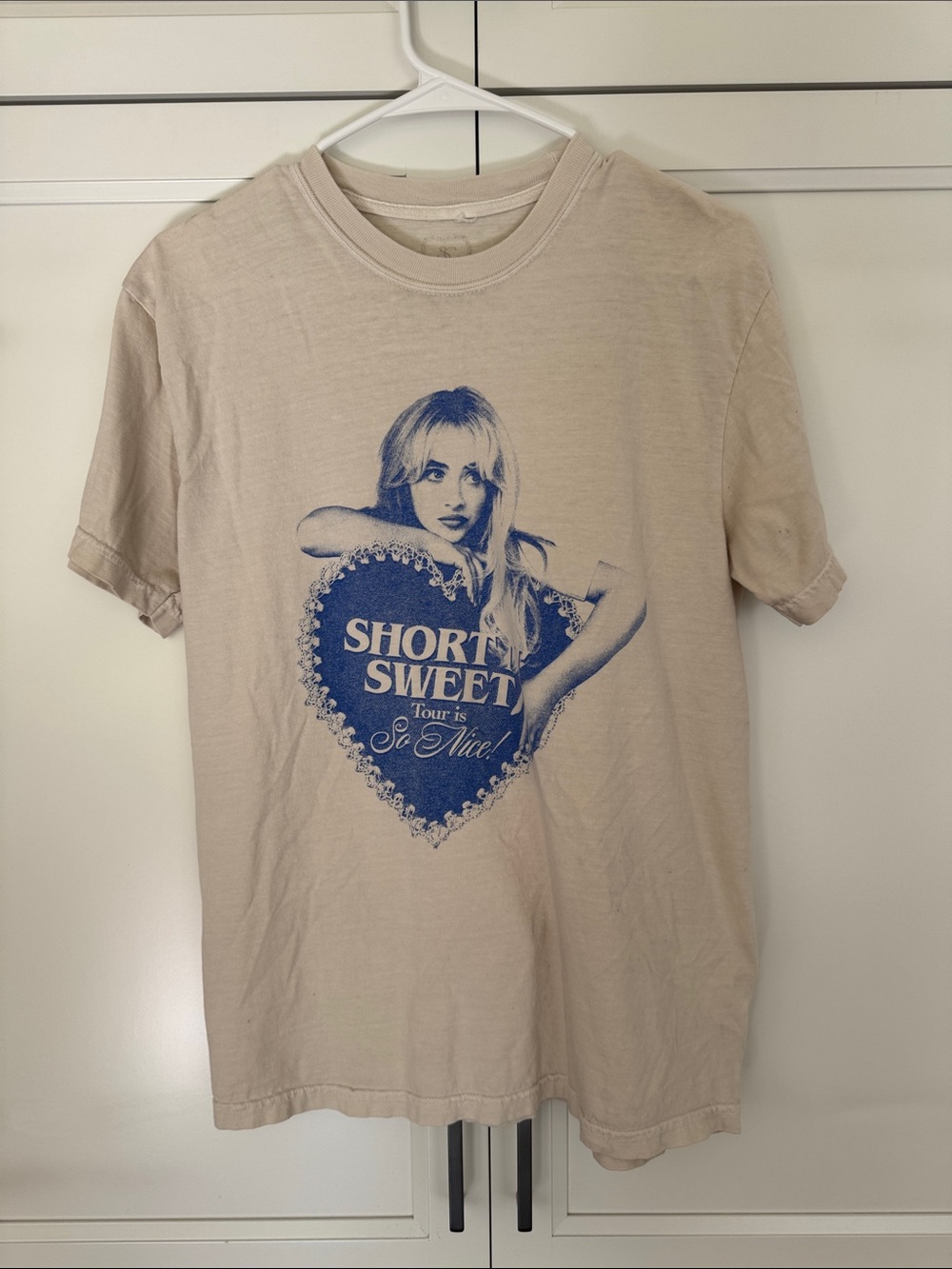 Sabrina Carpenter Concert Shirt Beige Short Sleeve Tee with Blue Graphic